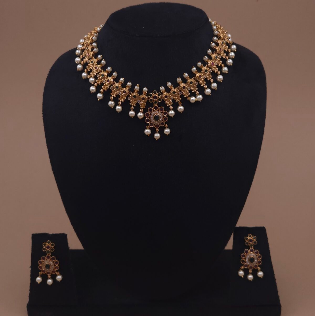 Khianaa full temple jewelry necklace and earrings set green onyx ruby pearl anti-tarnish closeup