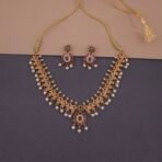 Khianaa temple jewelry drop earrings with green onyx pink ruby and pearl drops anti-tarnish