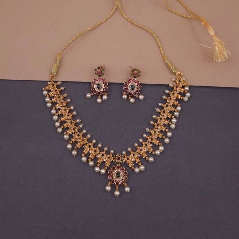 Khianaa temple jewelry drop earrings with green onyx pink ruby and pearl drops anti-tarnish