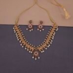 Khianaa temple jewelry drop earrings with green onyx pink ruby and pearl drops anti-tarnish