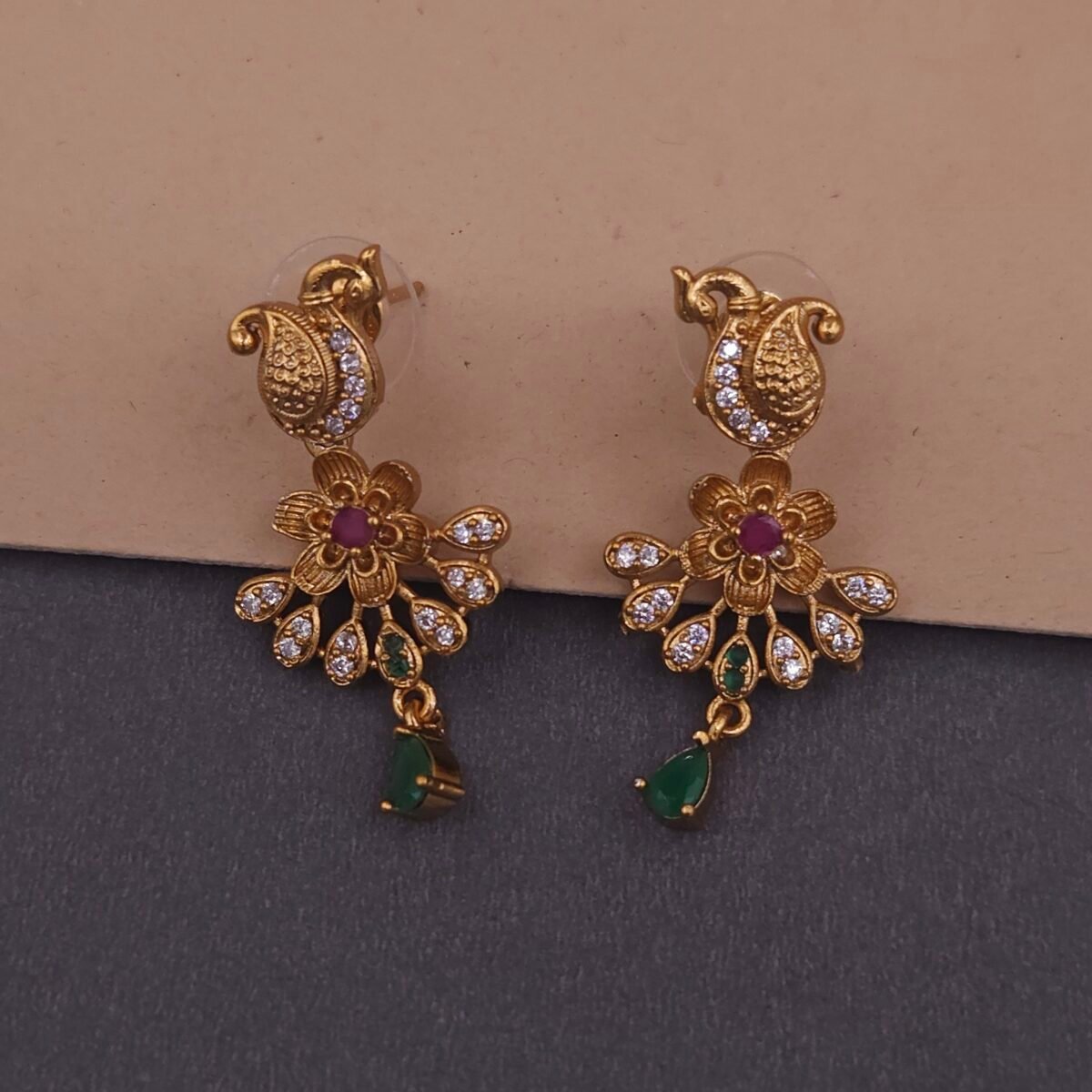 Khianaa anti-tarnish brass copper temple necklace set full view on neutral background