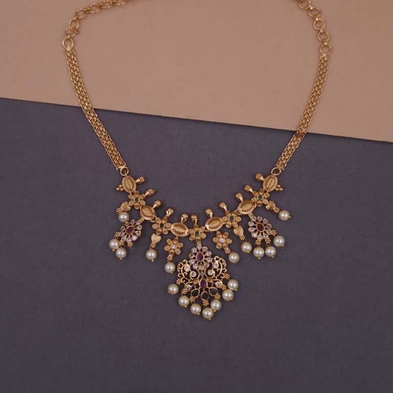 khianaa floral temple necklace set ruby pearl drops