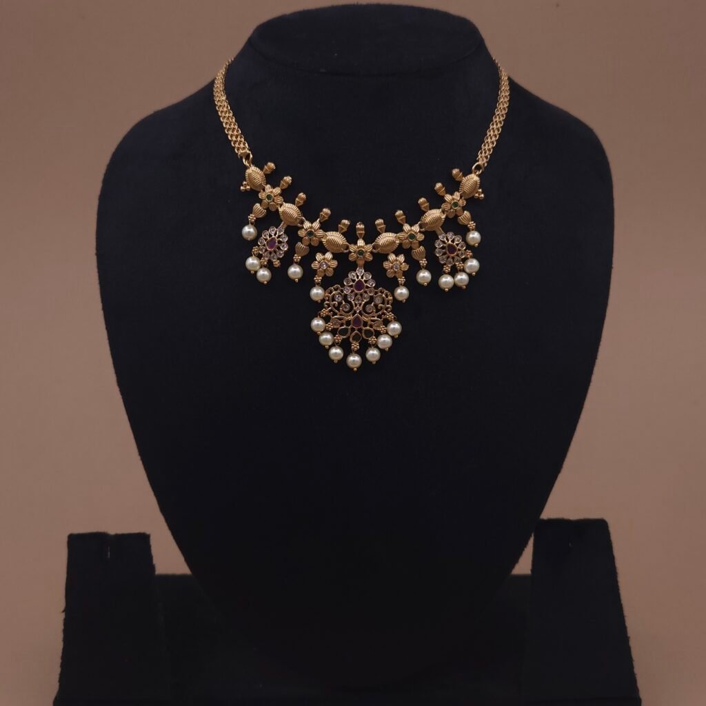 khianaa floral temple necklace set ruby pearl drops