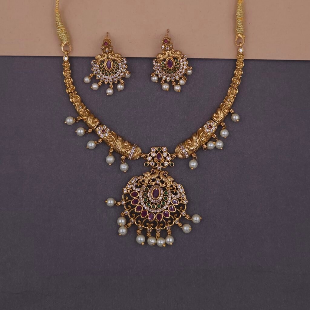 khianaa peacock temple necklace set ruby pearl drops