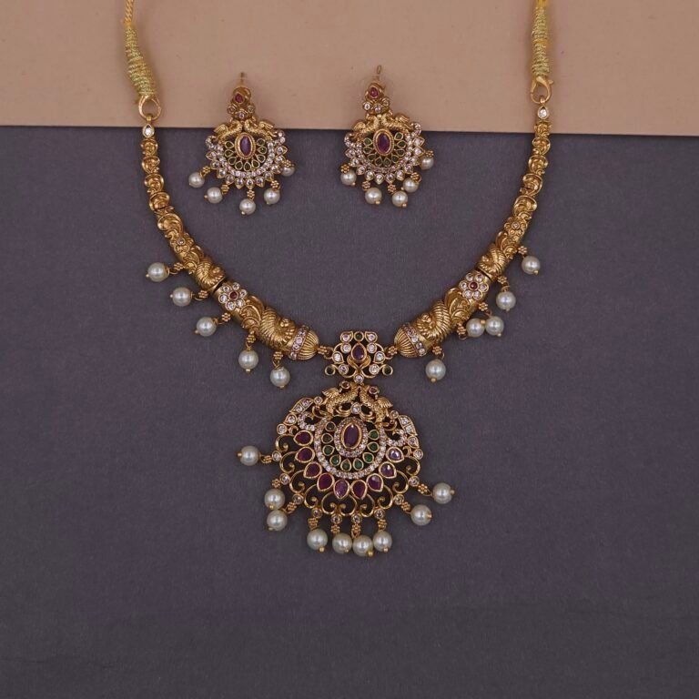 khianaa peacock temple necklace set ruby pearl drops