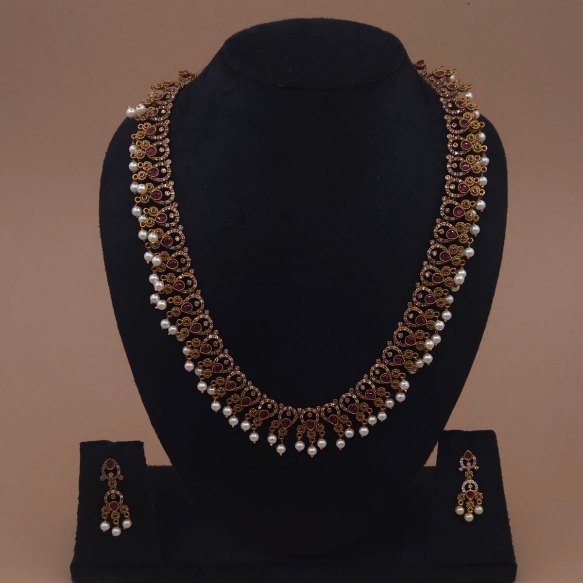 khianaa temple long necklace ruby stones pearl drops