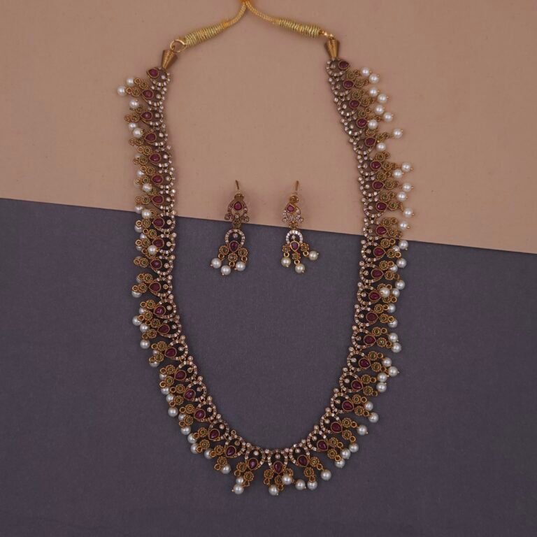 khianaa ruby temple long necklace set with pearl drops
