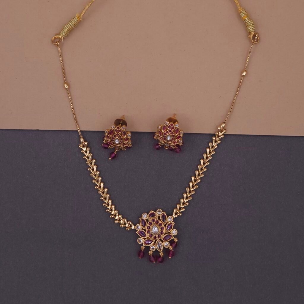 khianaa lotus kemp stone temple necklace set with pink bead drops