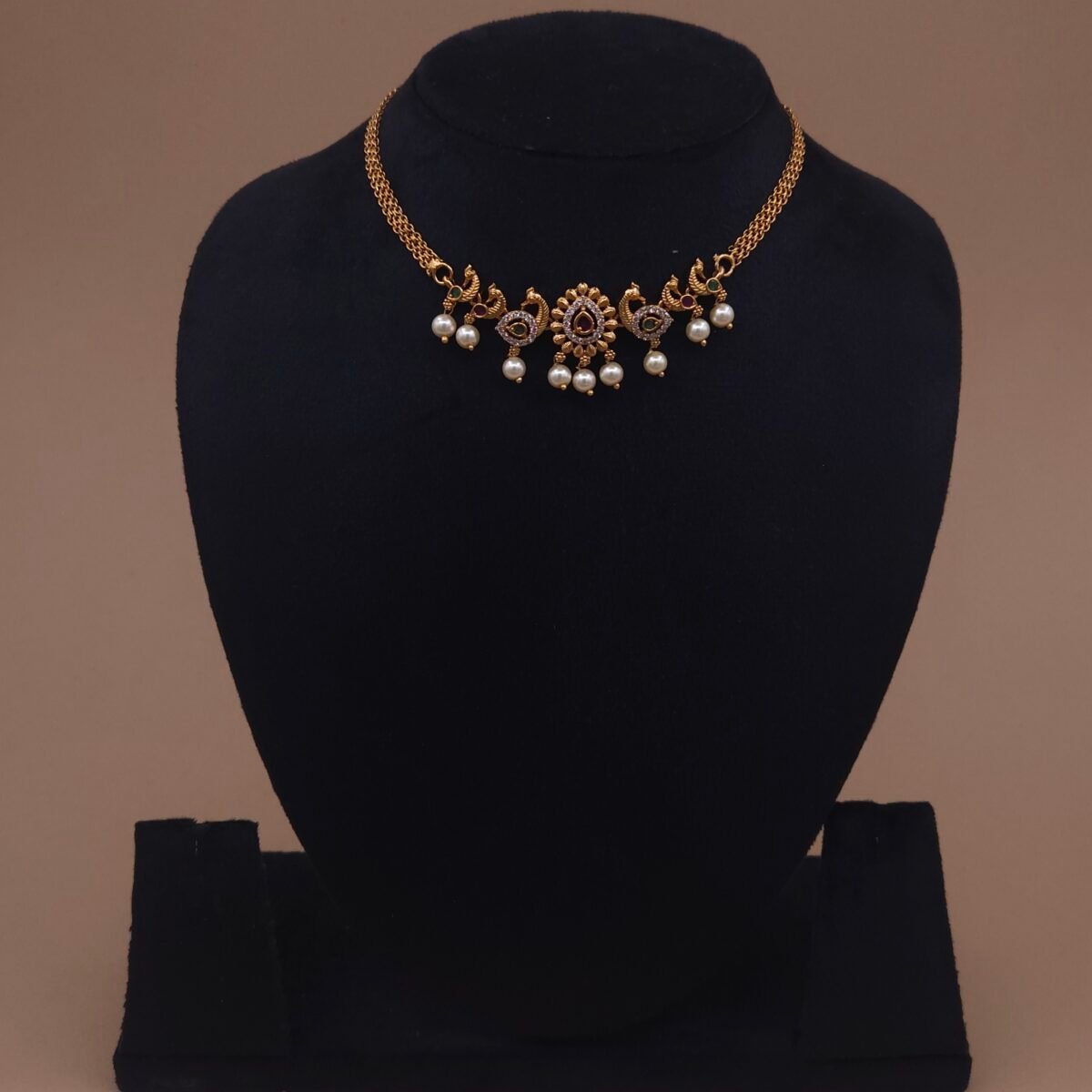 khianaa peacock kemp stone temple necklace set with pearl drops