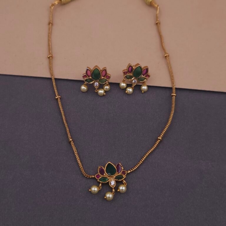 khianaa lotus kemp stone temple necklace set with pearl drops