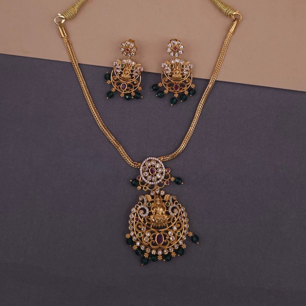 khianaa lakshmi temple necklace set with green bead drops