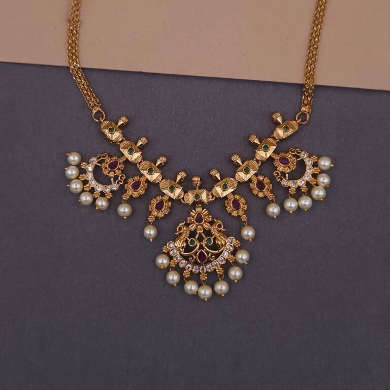 Khianaa Kemp Stone Temple Necklace Set with Pearl Drops