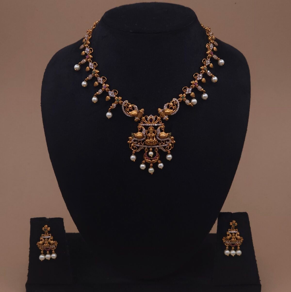 peacock temple necklace with lakshmi pendant