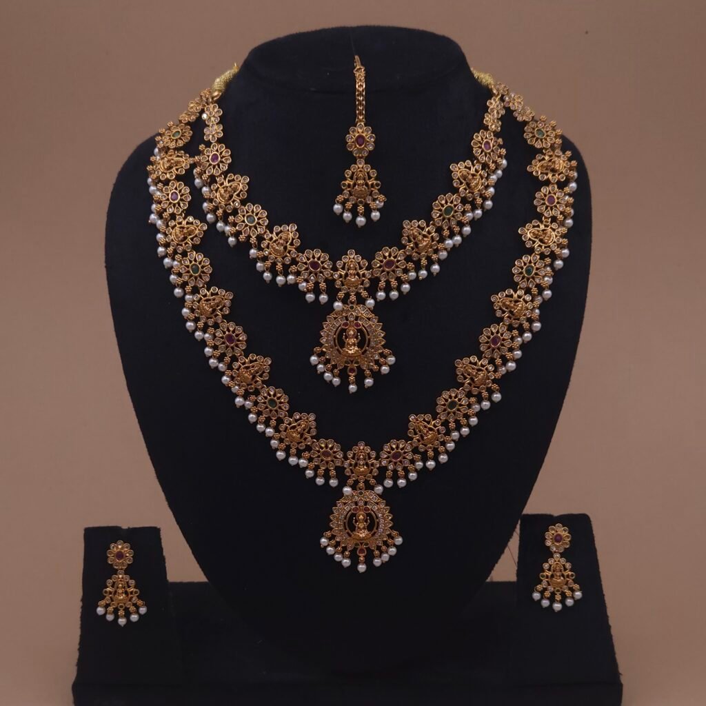 Khianaa Bridal Lakshmi Temple Haram Necklace Set with Pearl Drops
