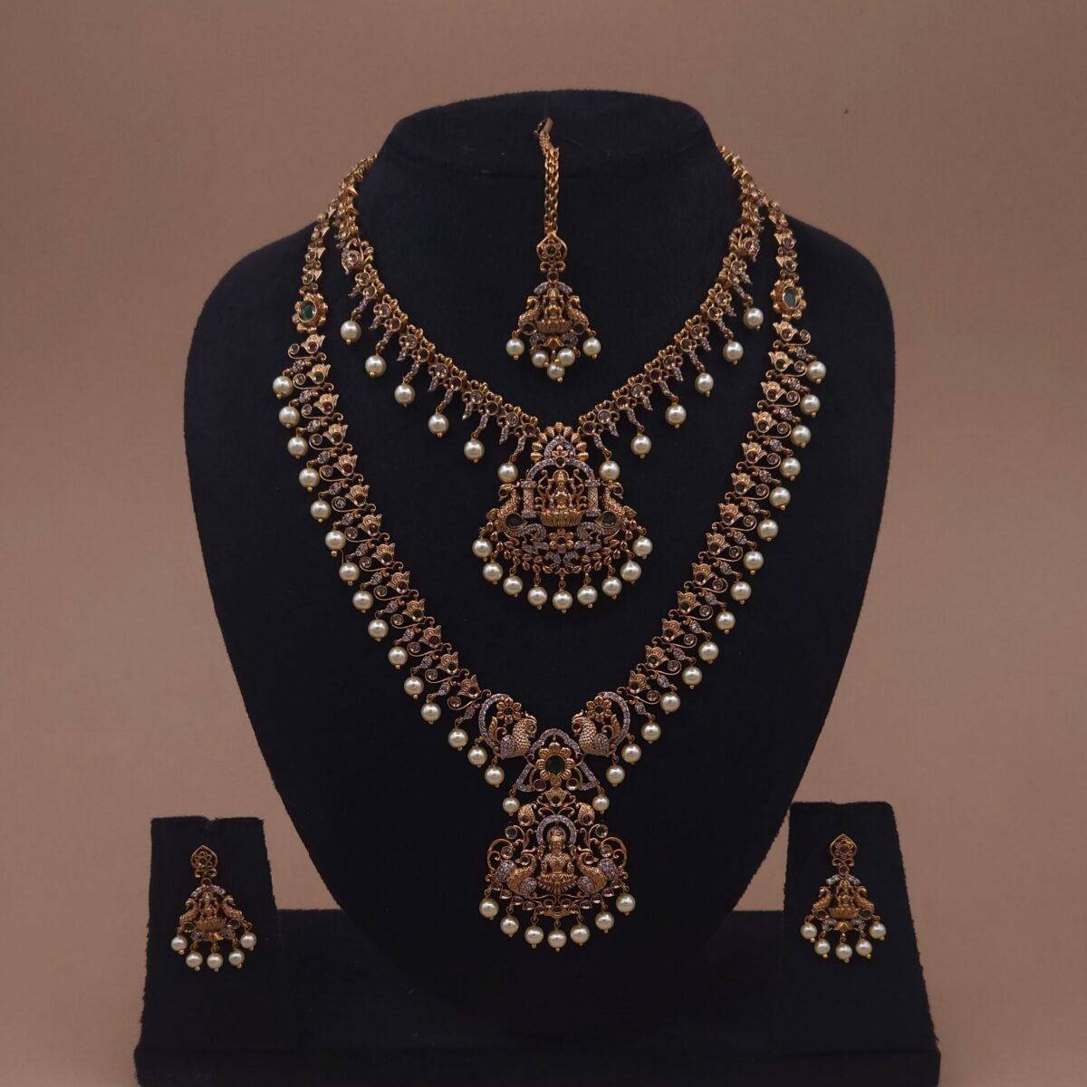 Khianaa Antique Lakshmi Peacock Temple Haram Necklace Set with Pearls