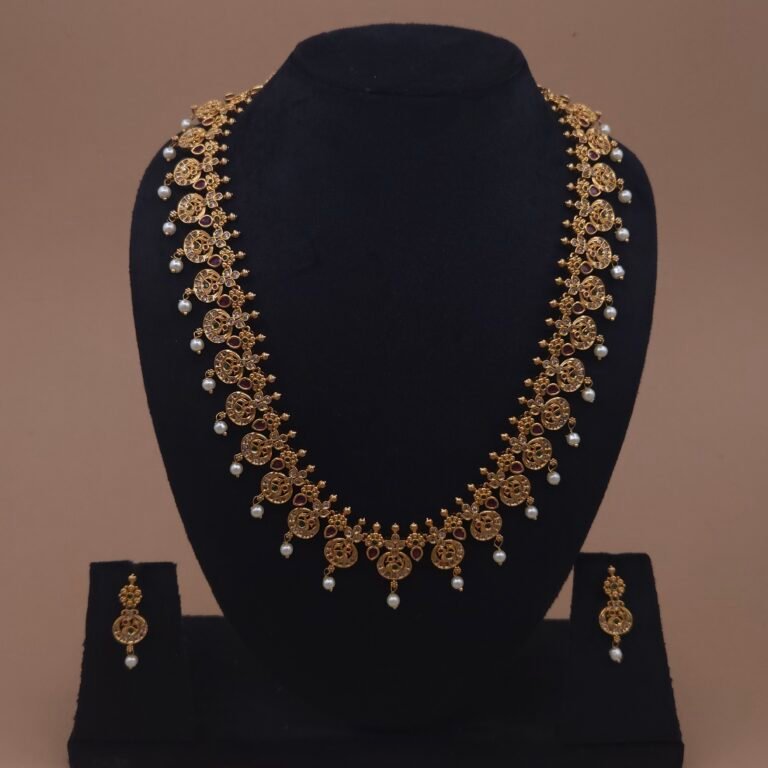 Khianaa Antique Peacock Coin Temple Necklace Set with Pearl Drops