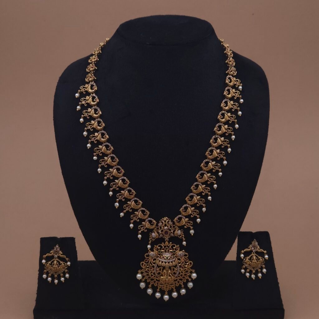 Khianaa Antique Lakshmi Peacock Temple Necklace Set with Pearl Drops