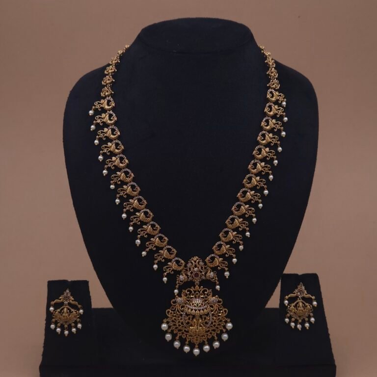 Khianaa Antique Lakshmi Peacock Temple Necklace Set with Pearl Drops